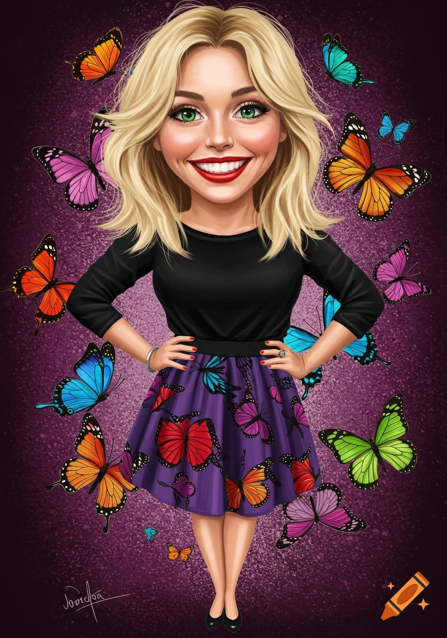 A blonde caricature woman with green eyes and red lipstick smiles, wearing a black top and purple skirt with colorful butterflies.