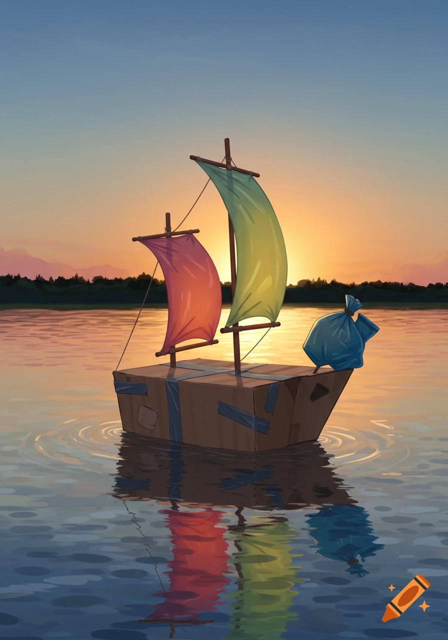 An illustrated cardboard boat with colorful sails and a blue trash bag floats on water during sunset.