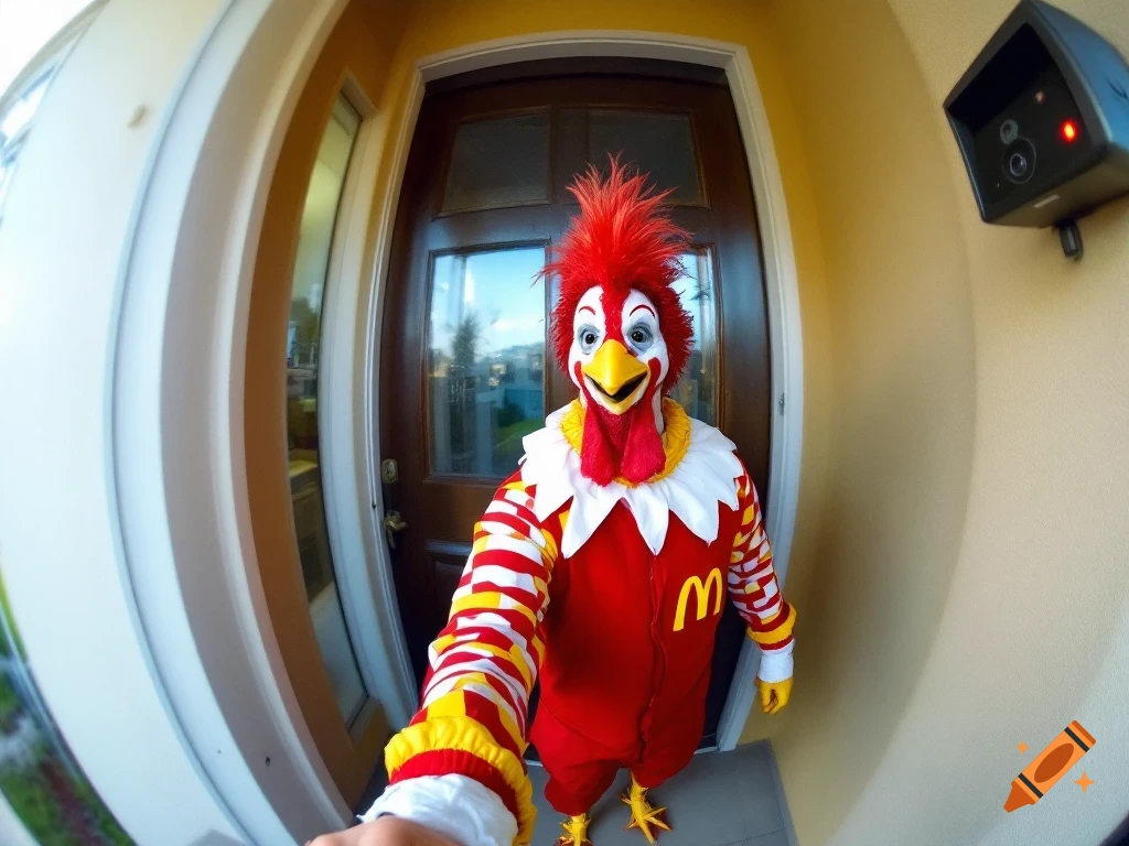 A person in a red chicken mascot costume, resembling Ronald McDonald, stands at a front door, seen through a doorbell camera.