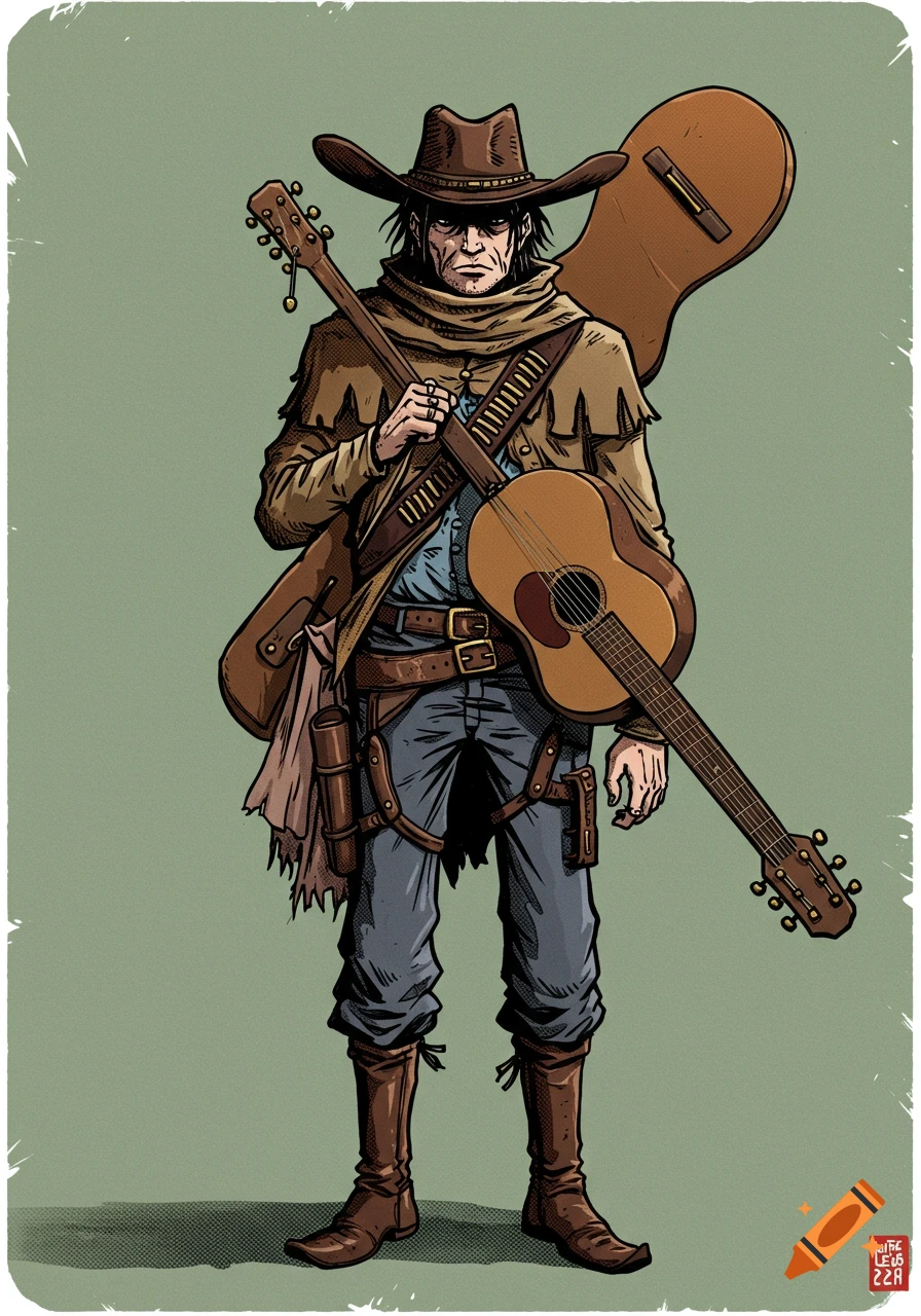 A mysterious nomadic man wearing a cowboy hat and long coat, holding an acoustic guitar and a guitar case. Illustrated in a manga style.