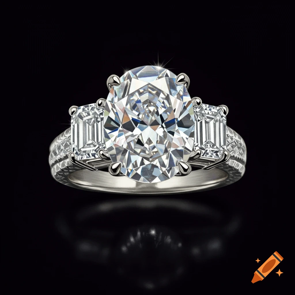 A photorealistic detailed shot of an oval diamond engagement ring with two emerald-cut side diamonds on a textured band, against a black background.