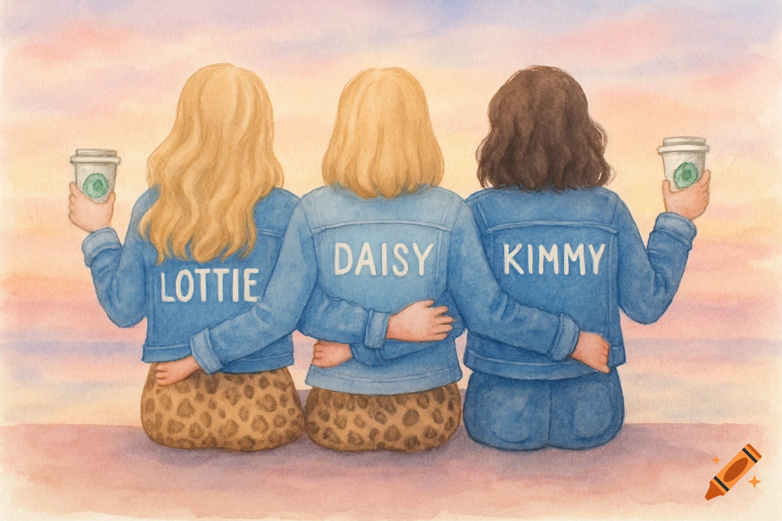 Three friends from behind, in denim jackets with names Lottie, Daisy, and Kimmy, holding coffee cups, watching a pastel sunset in watercolor style.