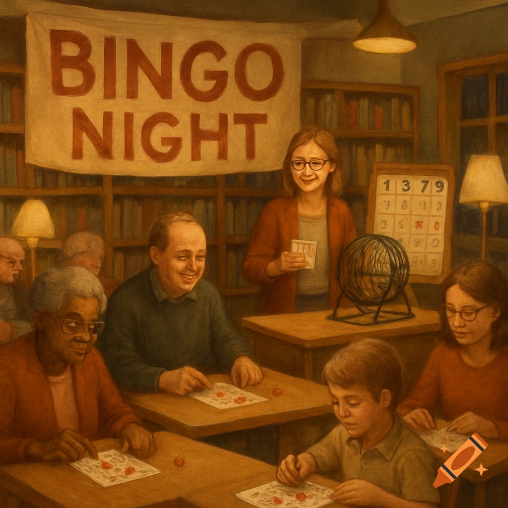 People of different ages playing bingo at tables in a library, with a 'BINGO NIGHT' banner. Painterly style.