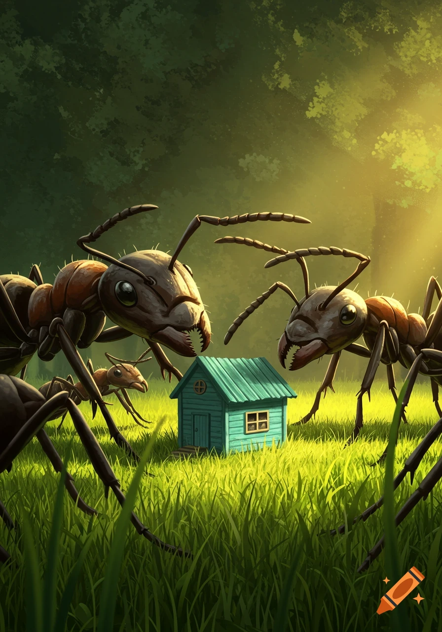 Giant ants inspect a small teal house in a sunny, grassy field with a dark green forest background, digital art.