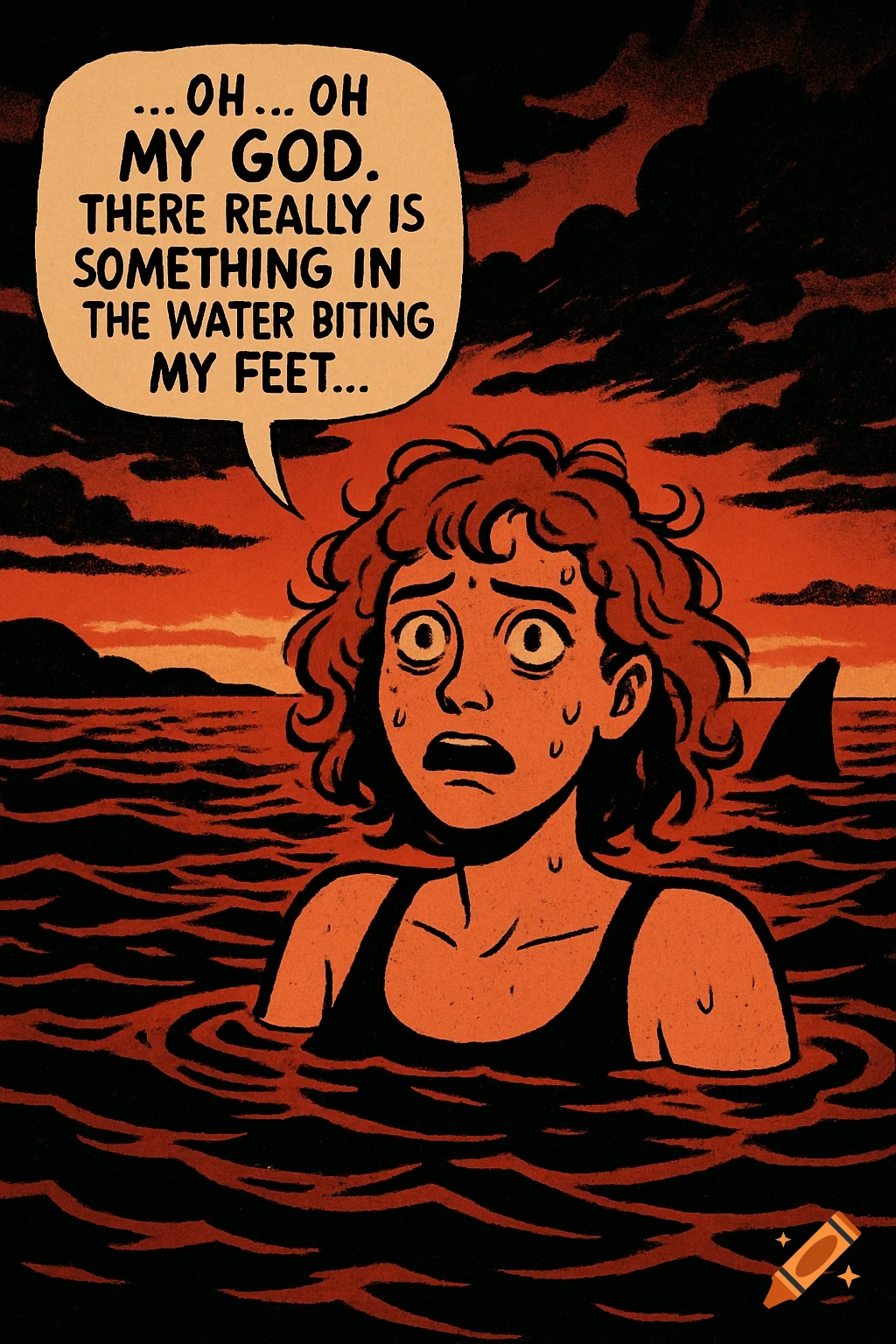 Stylized graphic novel art of a terrified woman in a dark red ocean, a shark fin visible behind her. A speech bubble reads, 'OH... OH MY GOD. THERE REALLY IS SOMETHING IN THE WATER BITING MY FEET...'