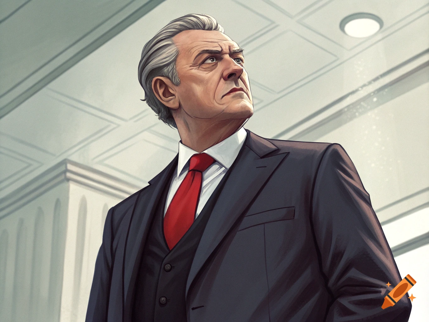 Portrait illustration of an older man with gray hair in a dark suit and red tie, looking intently up.