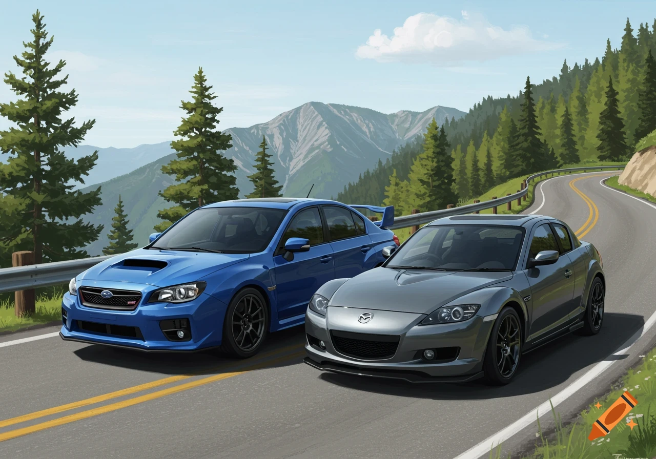 Illustration of a blue Subaru WRX STI and grey Mazda RX-8 on a mountain road.