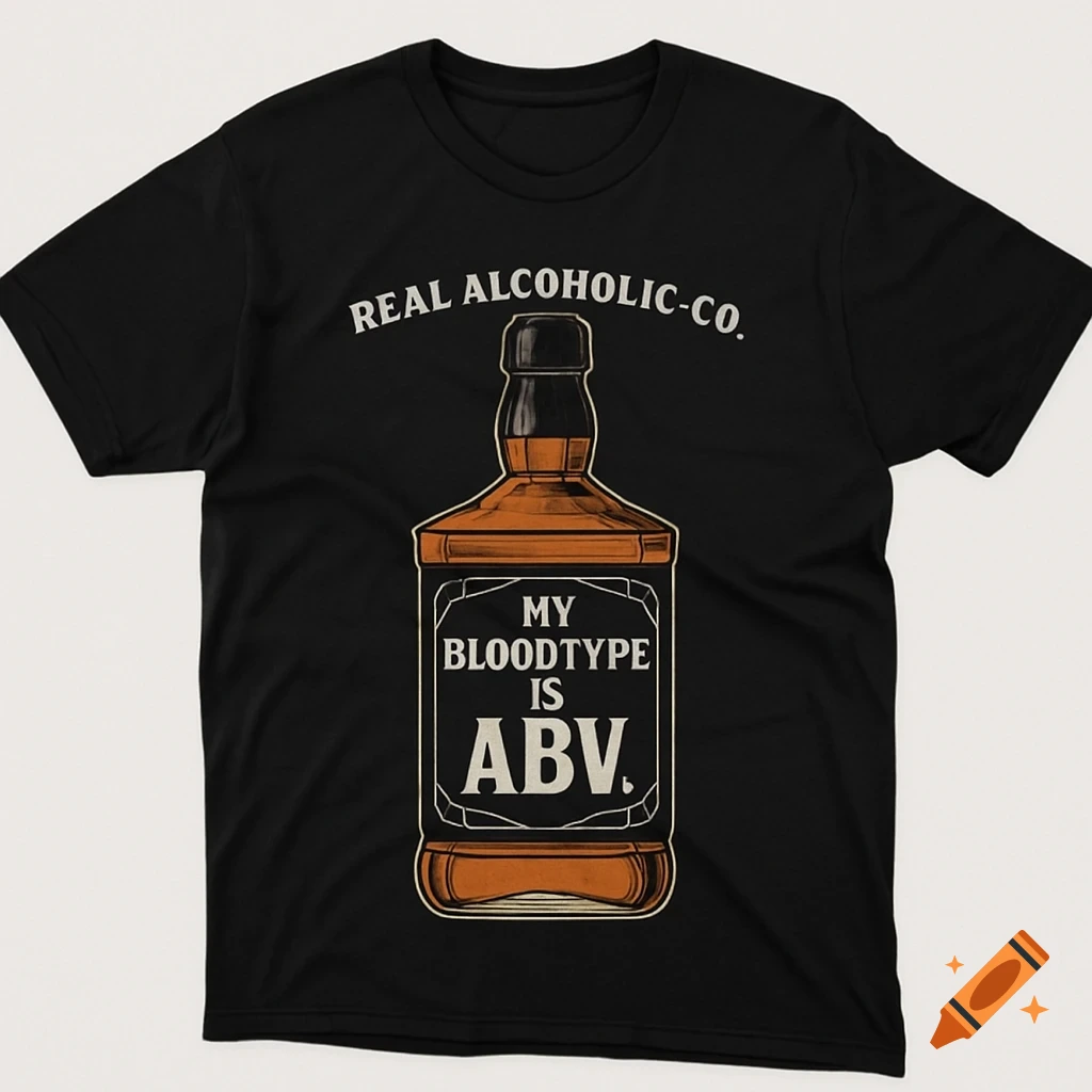 Black t-shirt featuring a whiskey bottle graphic with 'MY BLOODTYPE IS ABV.' and 'REAL ALCOHOLIC-CO.' text.