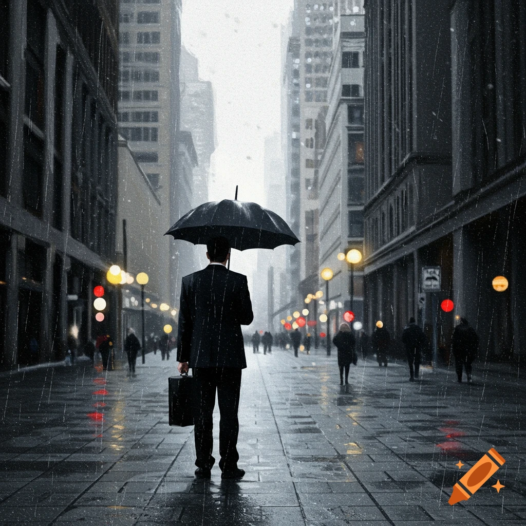 A photorealistic man in a black suit holds an umbrella from behind, walking on a wet city street in the rain, with blurry buildings and lights.