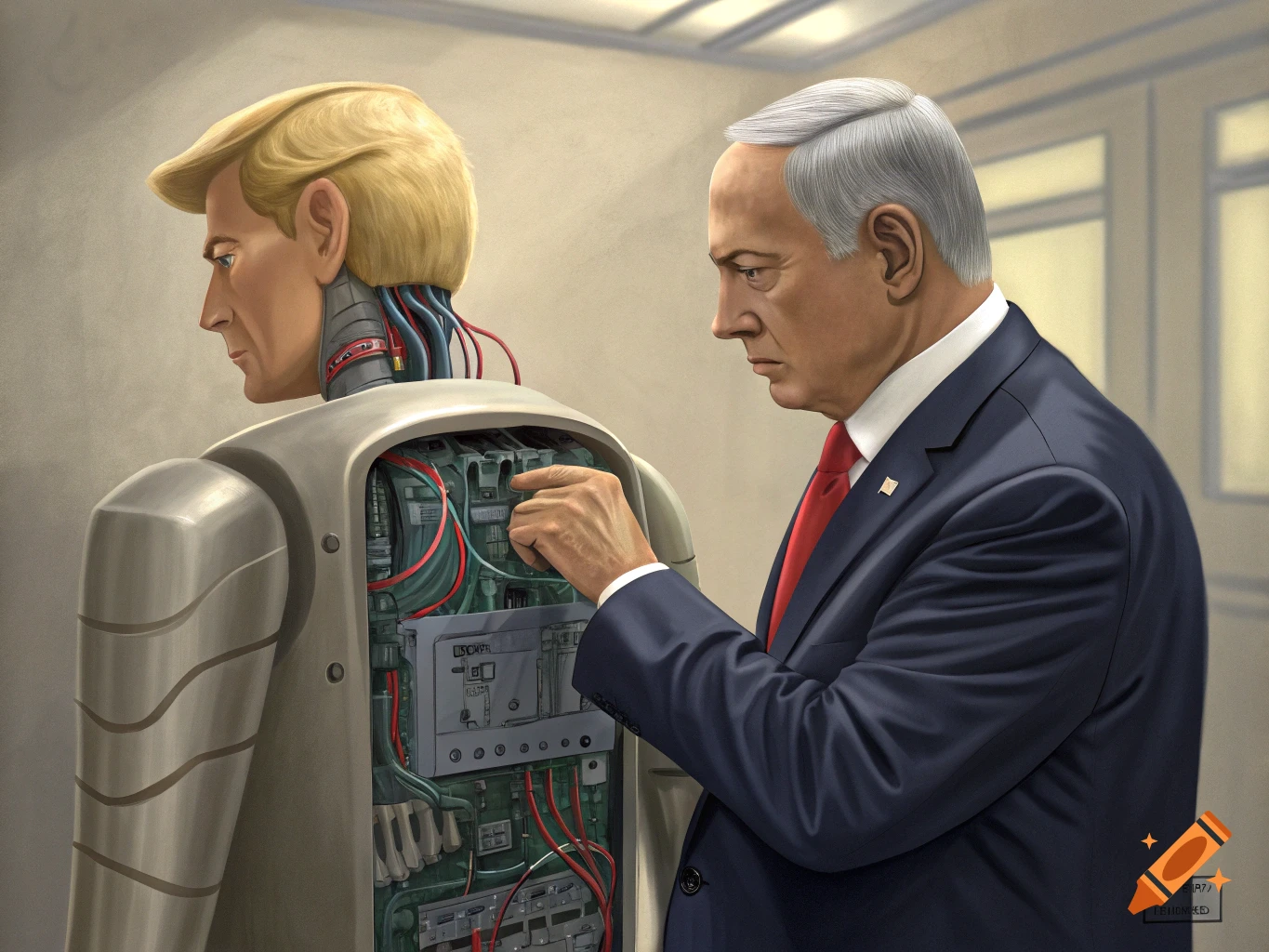Benjamin Netanyahu inspects the exposed robotic back of Donald Trump, revealing wires and circuitry.