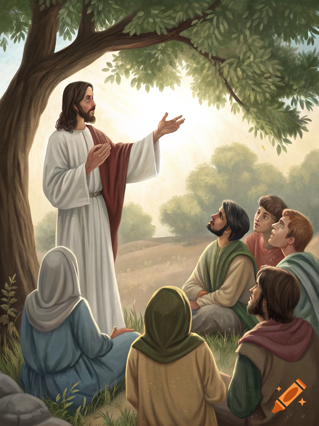 An illustration of Jesus teaching a group of followers seated under a tree on a sunny hillside.