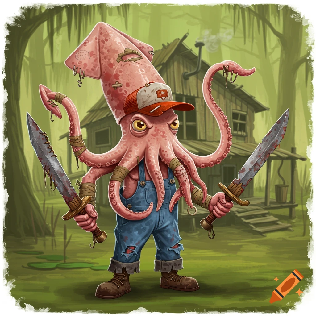 A cartoonish, bipedal redneck squid in overalls and a baseball cap, holding two bloody swords in a swamp setting.