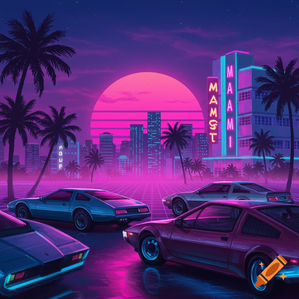 Synthwave cityscape with neon-lit buildings, palm trees, a large pink sun, and retro-futuristic cars on a grid.