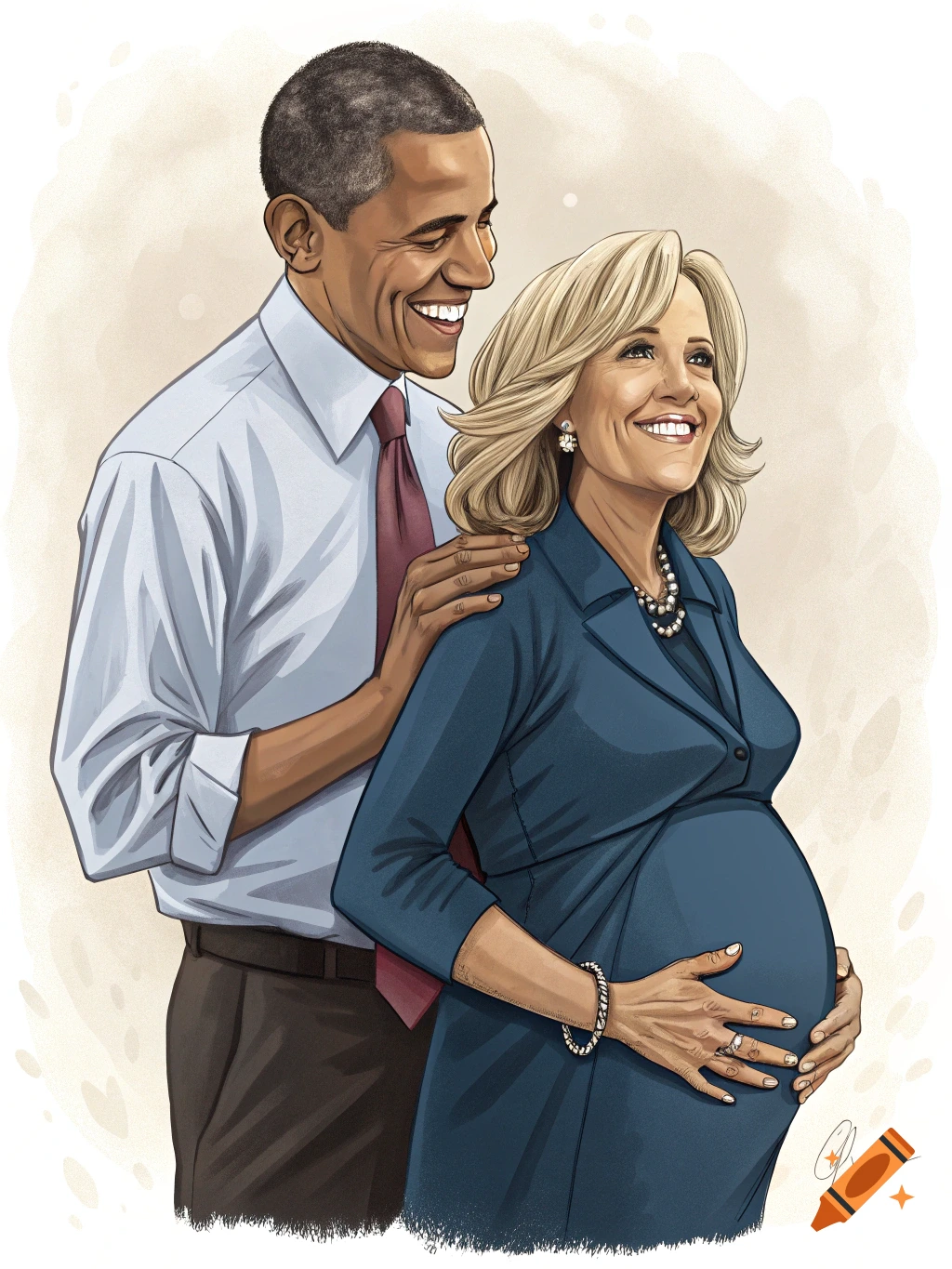 An illustration of a smiling Barack Obama with his arm around a pregnant Jill Biden, who is also smiling and holding her belly.
