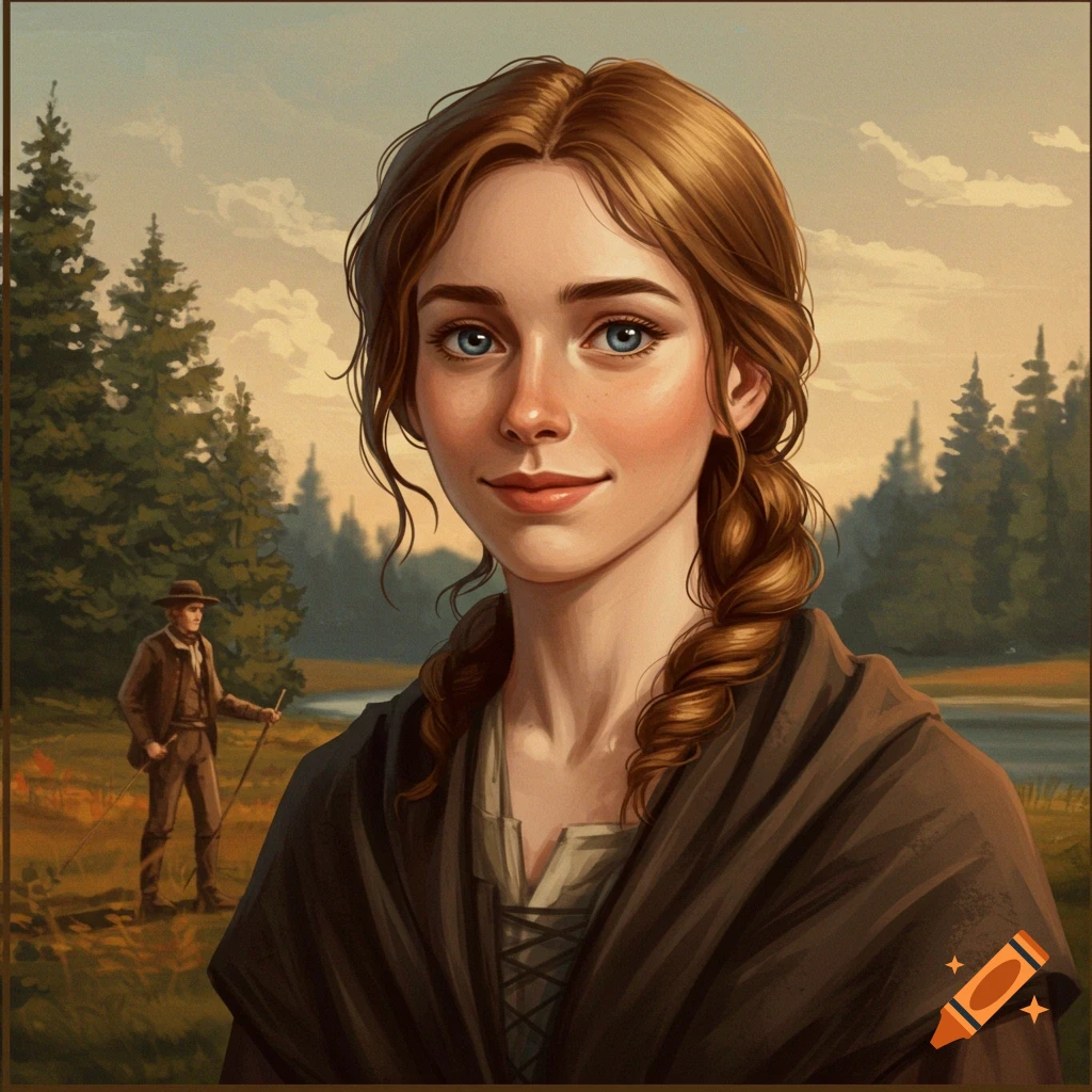 Detailed painted portrait of a young woman with braided brown hair and blue eyes. A man stands in a wilderness background with trees and a river.