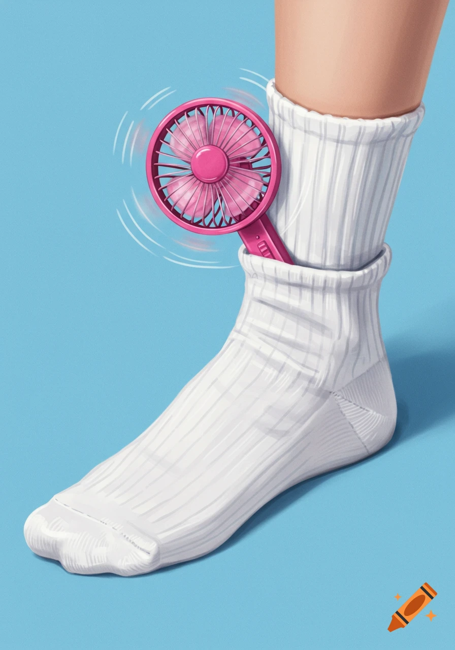 A leg wearing a white ribbed sock with a pink portable fan tucked into the top, blowing air. Solid blue background.