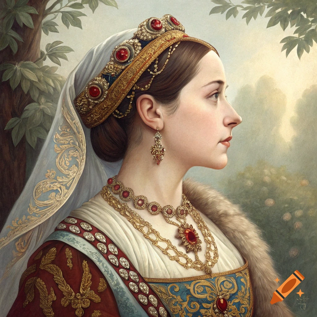 A profile portrait of a woman in elaborate historical attire with a jeweled crown and necklace, in the style of a fine art painting.