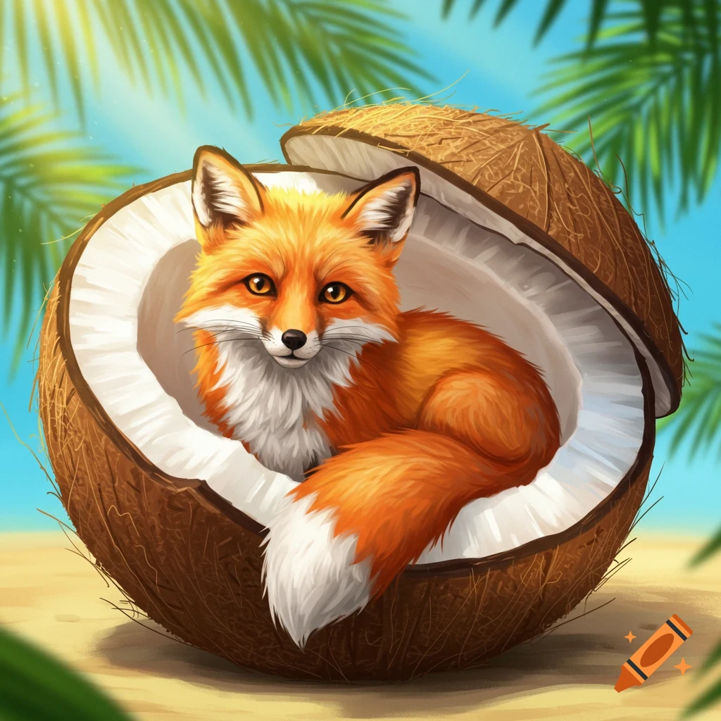 A cute orange fox with white fur sits inside a split coconut on a sandy beach under palm leaves and a blue sky, in an illustration style.