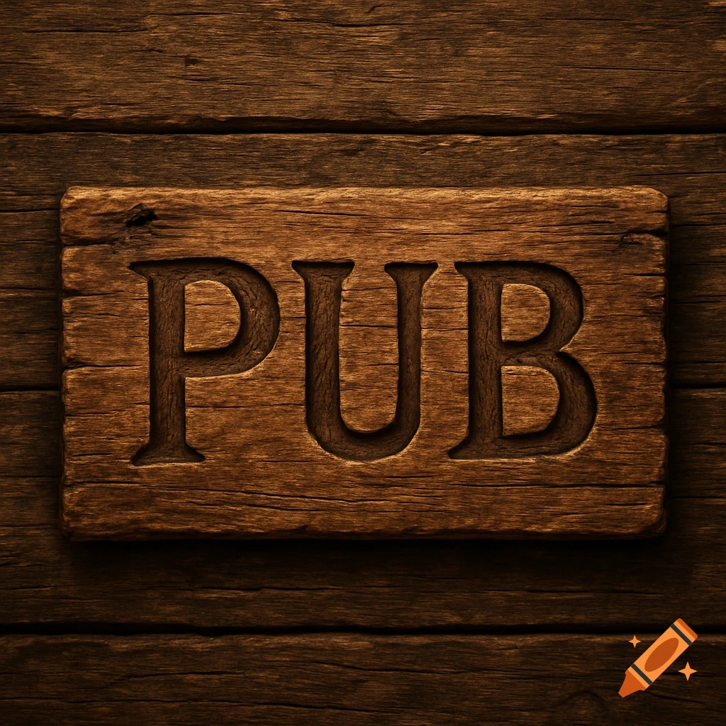 A rustic wooden plank sign with the word PUB carved into it, set against a dark wooden background.