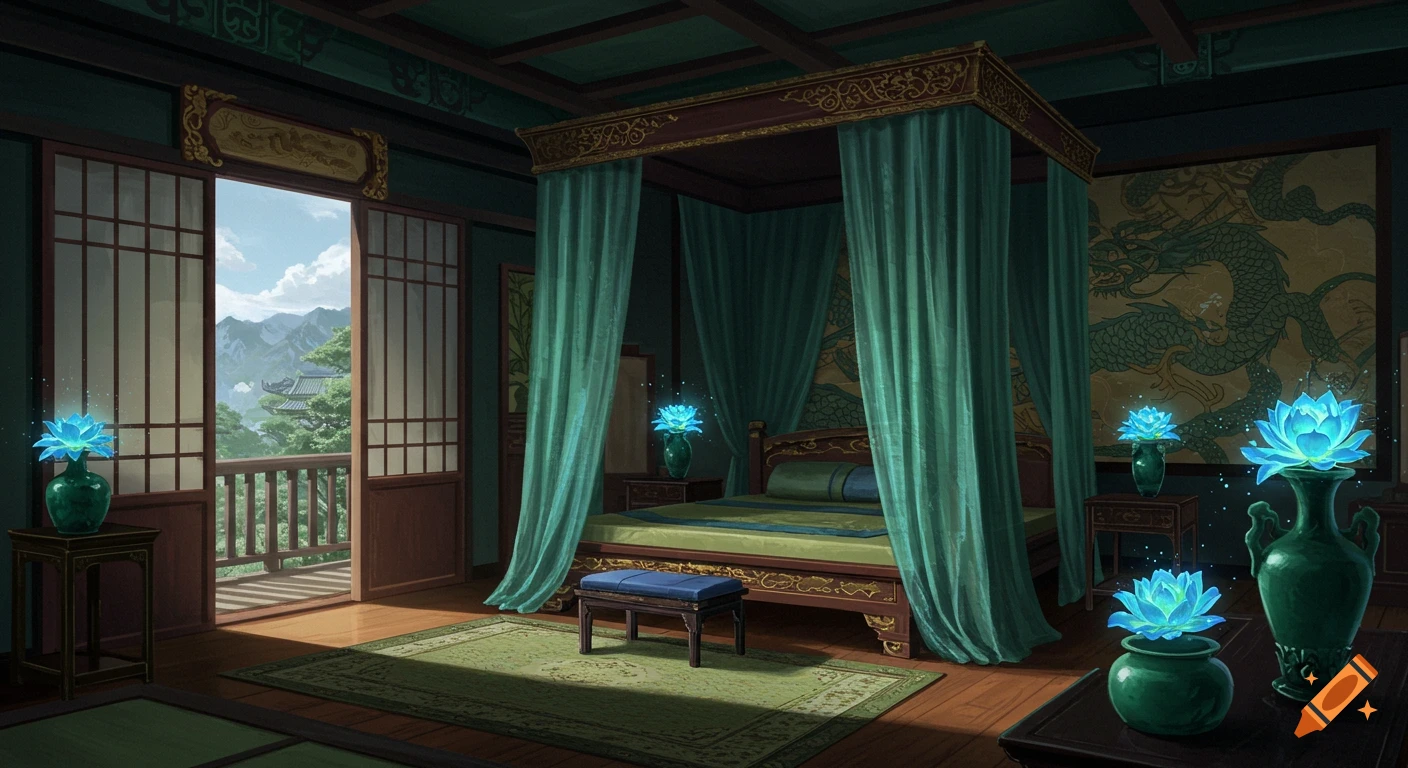 An ancient Chinese bedroom with a canopy bed, teal curtains, dragon wall painting, glowing blue flowers in jade vases, and a balcony view.