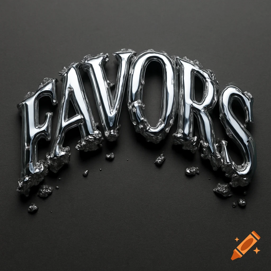 3D chrome letters spelling FAVORS with a crumbling effect, on a dark background.