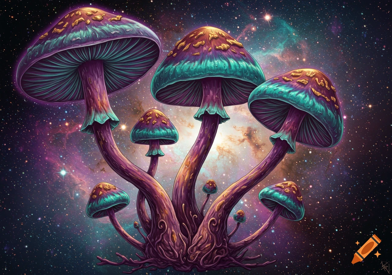 A group of vibrant, glowing, stylized mushrooms with purple and teal caps, standing against a swirling purple and blue galaxy full of stars.
