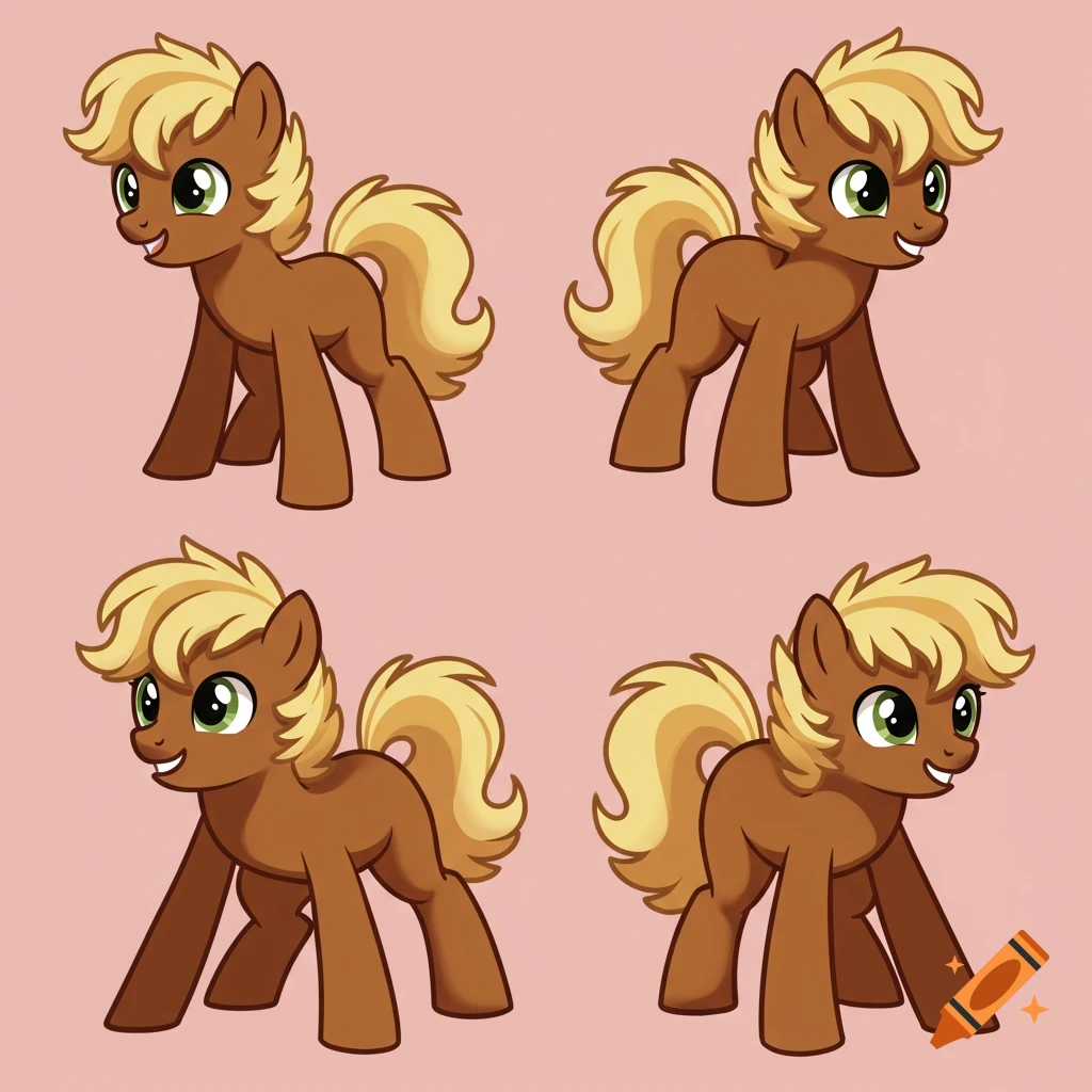 Four cartoon ponies with brown coats, blonde manes and tails, and green eyes, in different crouched poses on a pink background, in vector style.