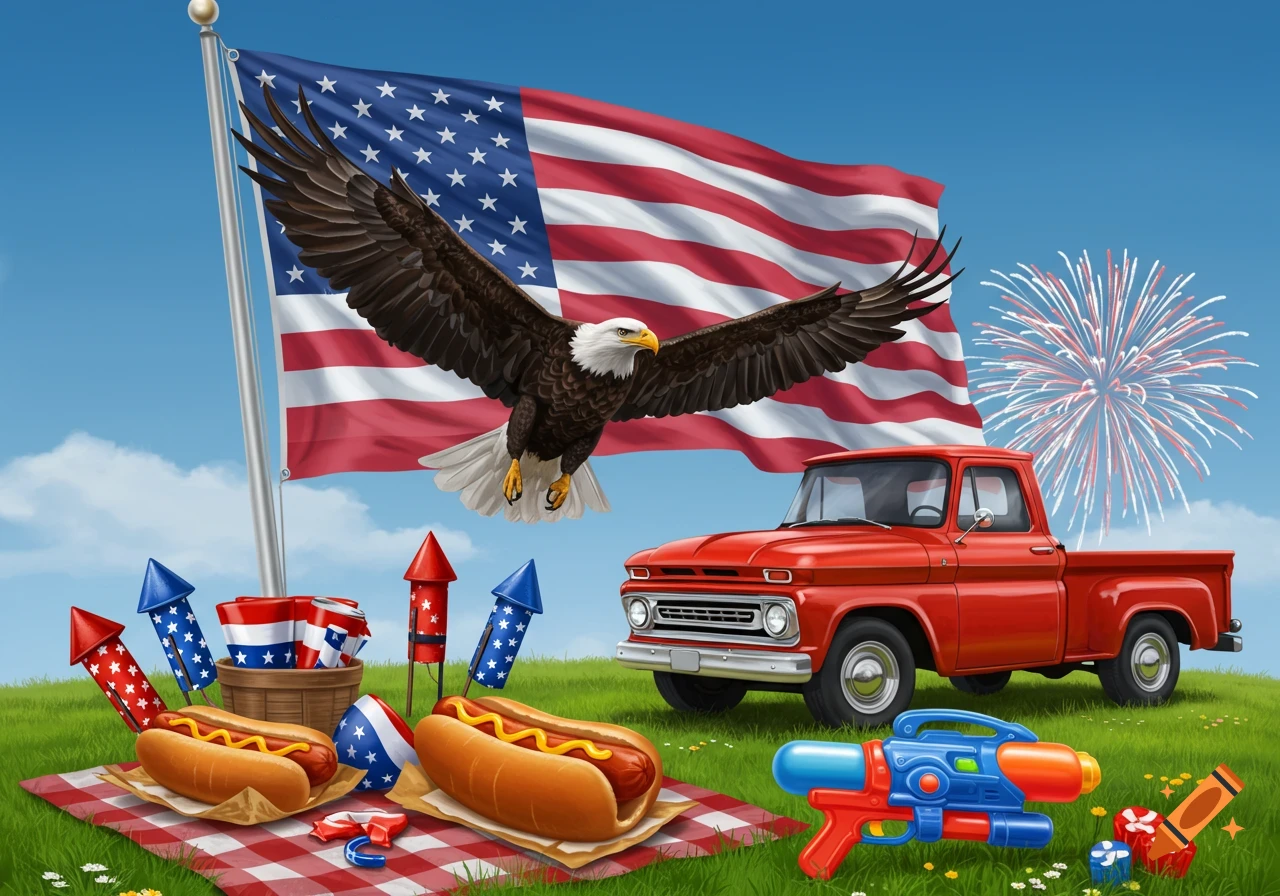 An American flag, a bald eagle flying, a red pickup truck, hot dogs, firecrackers, a water gun on a grassy hill with fireworks.