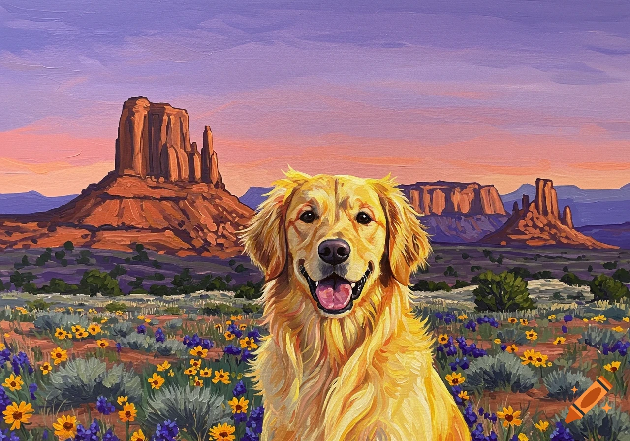 A bright, colorful painting of a golden retriever smiling in a field of wildflowers with red rock formations and a purple and pink sky.