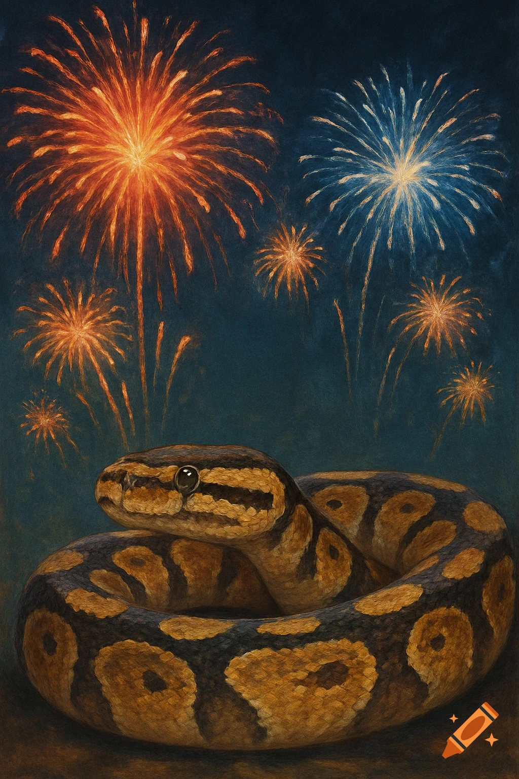 A detailed painting of a coiled ball python looking left, with colorful fireworks exploding in the dark blue night sky behind it.
