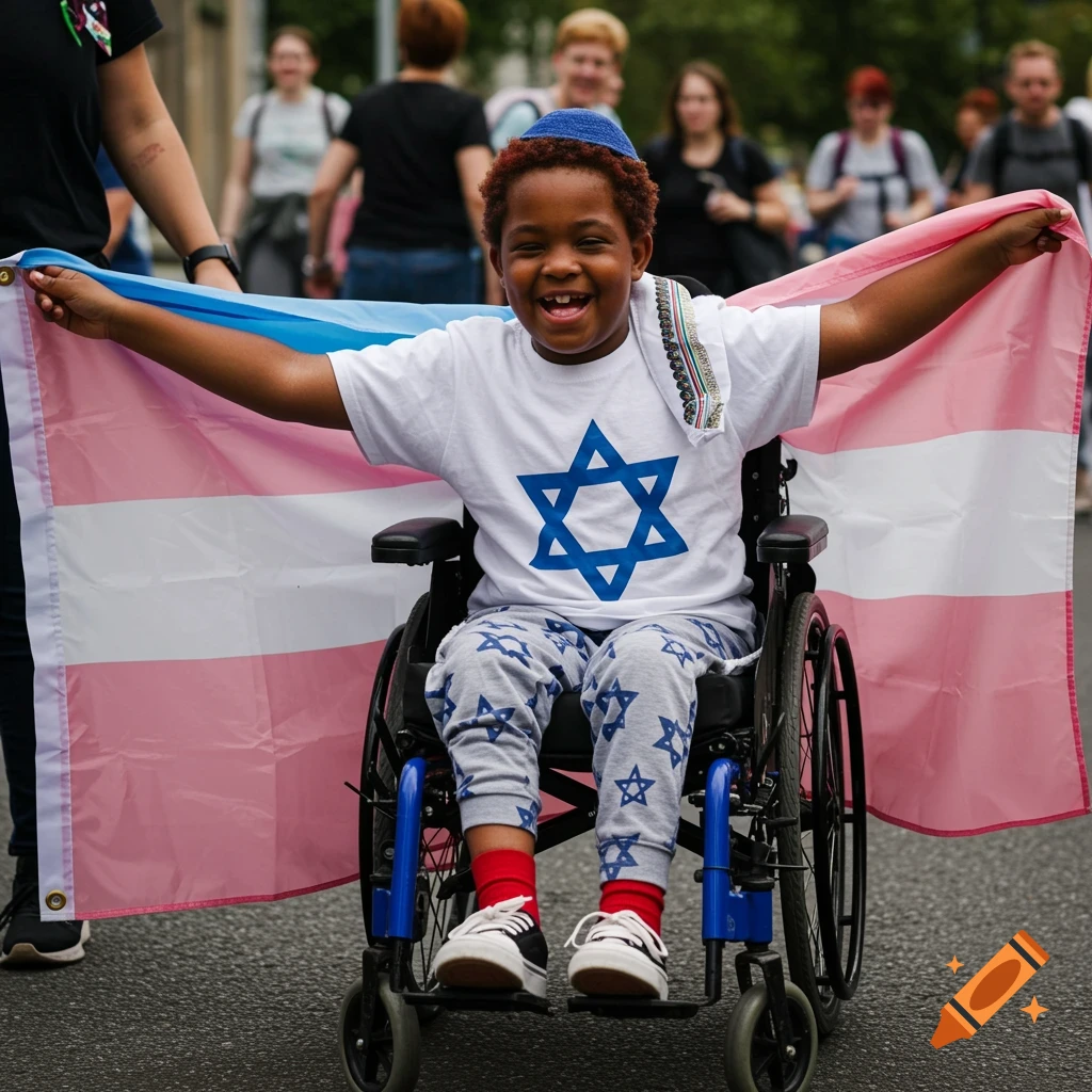 A happy Black child with ginger hair, wearing a kippah and a Star of David shirt, smiles while seated in a wheelchair and holding a transgender flag. Photorealistic.