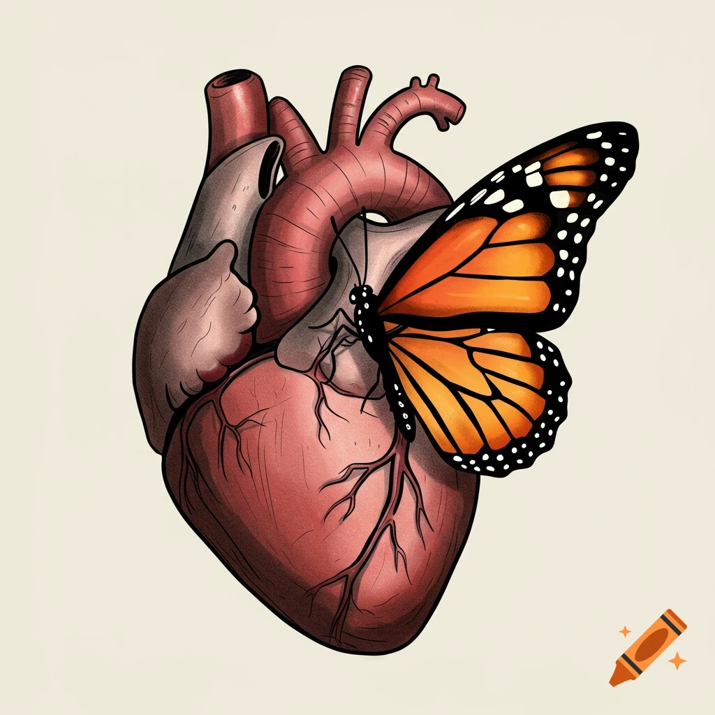 A monarch butterfly rests on a human anatomical heart in a tattoo-style drawing.