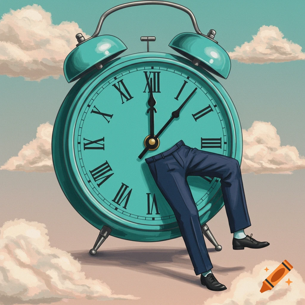 A surreal illustration of a large teal alarm clock with two blue pant legs and shoes emerging from its face, against a sky with clouds.