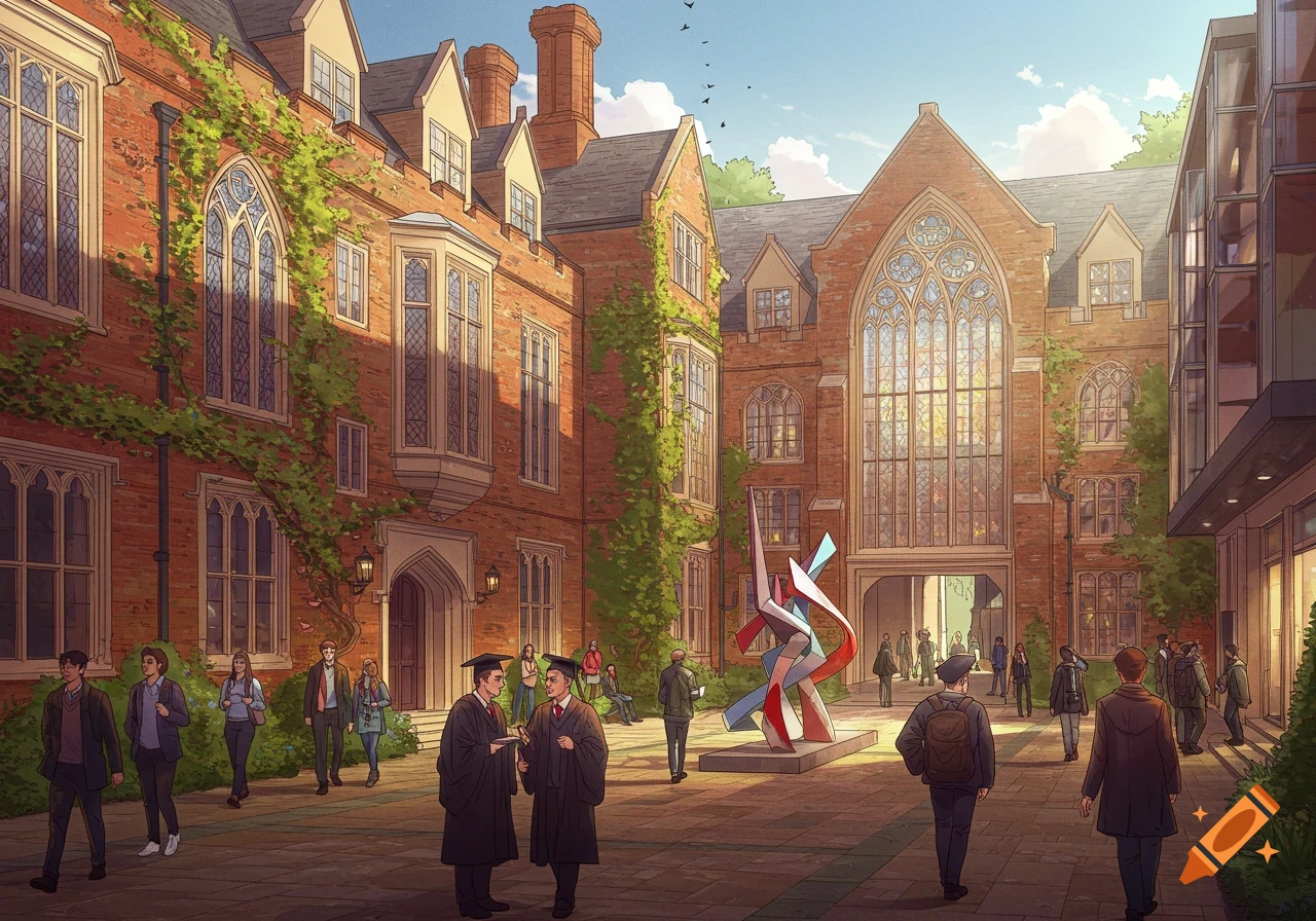 An illustrated view of a university courtyard with brick buildings, Gothic windows, climbing ivy, and students walking around a modern sculpture.