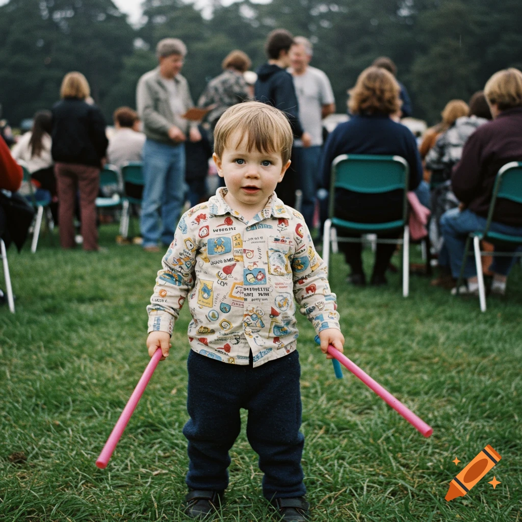 A young boy with light brown hair and blue eyes stands in a grassy field, holding two pink sticks. He wears a patterned long-sleeve shirt and dark pants, with blurred people and chairs in the background.