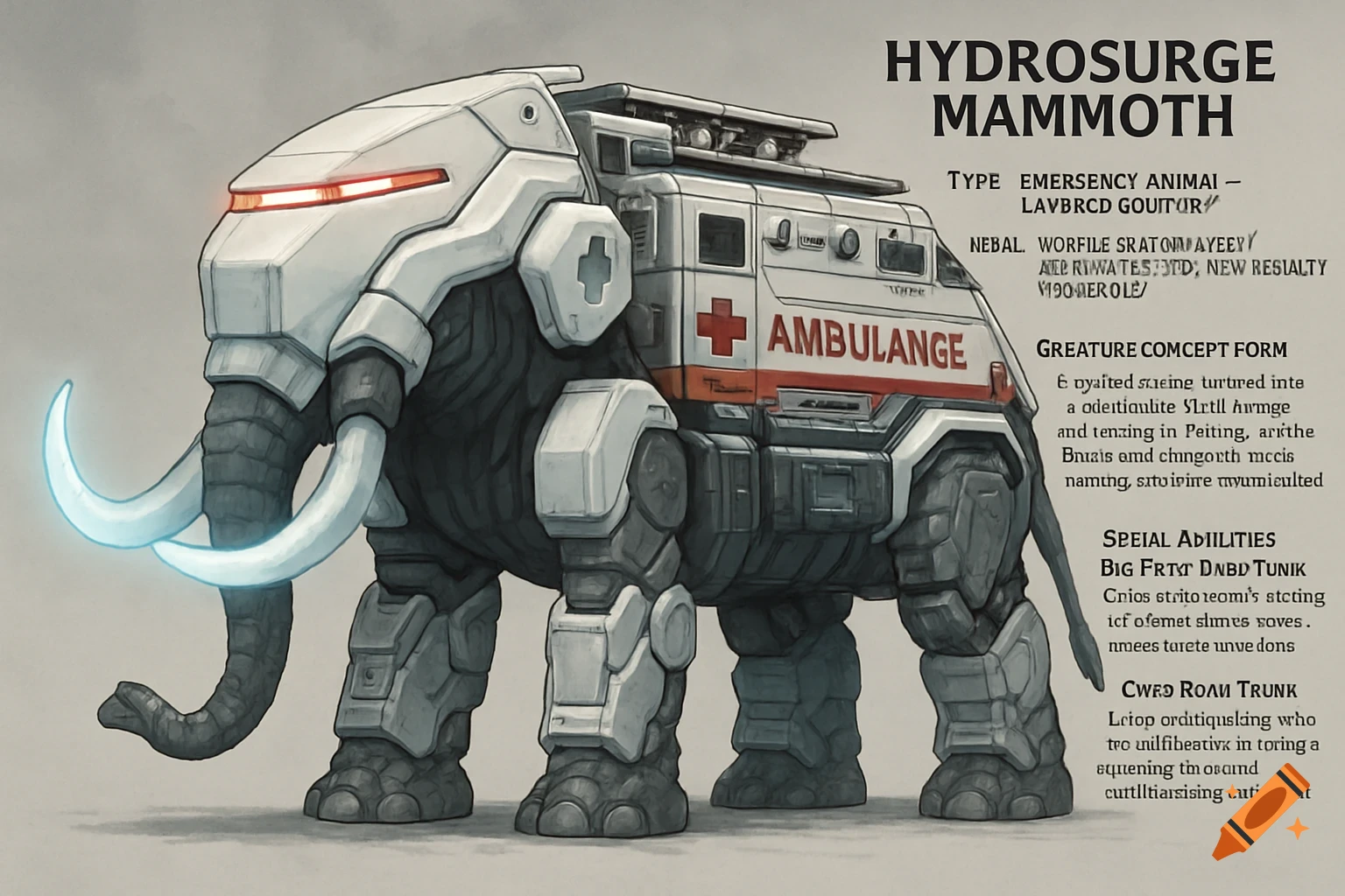 A white and grey armored elephant-like creature with glowing blue tusks and red lights on its head. The side has a red cross and "AMBULANCE" written on it, resembling a futuristic emergency vehicle. Accompanying text labels describe its features.