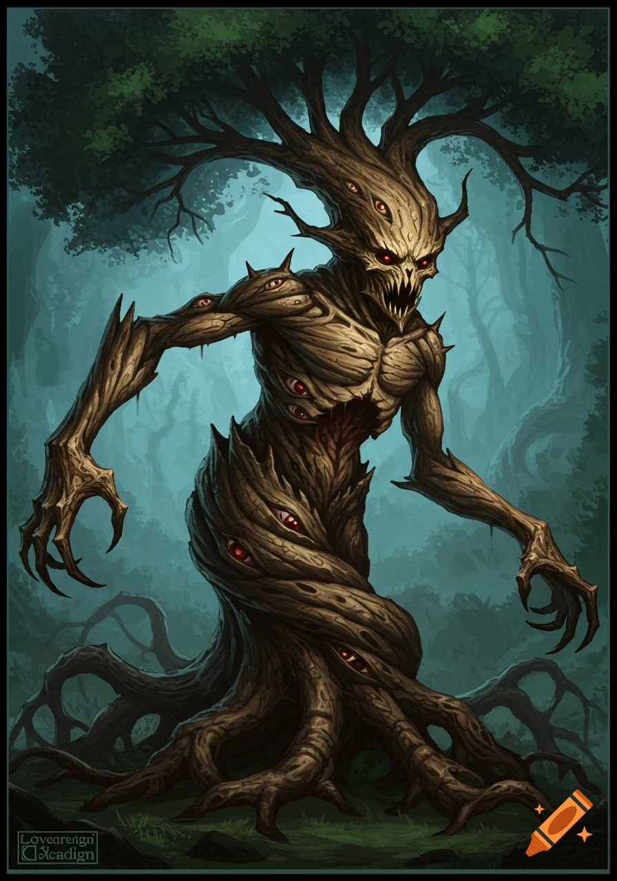 A menacing, gnarled tree monster with a skeletal face, sharp teeth, and multiple glowing red eyes stands in a dark, misty forest.