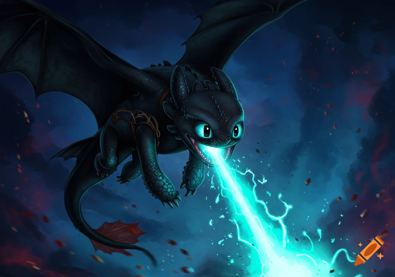 Toothless, a black dragon with blue eyes, dives through a dark sky, exhaling a glowing blue plasma blast.