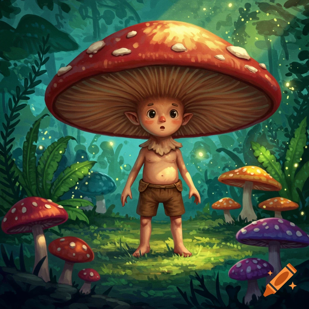 An innocent mushroom lad with a large mushroom cap for a hat stands in a glowing, whimsical forest among colorful mushrooms.