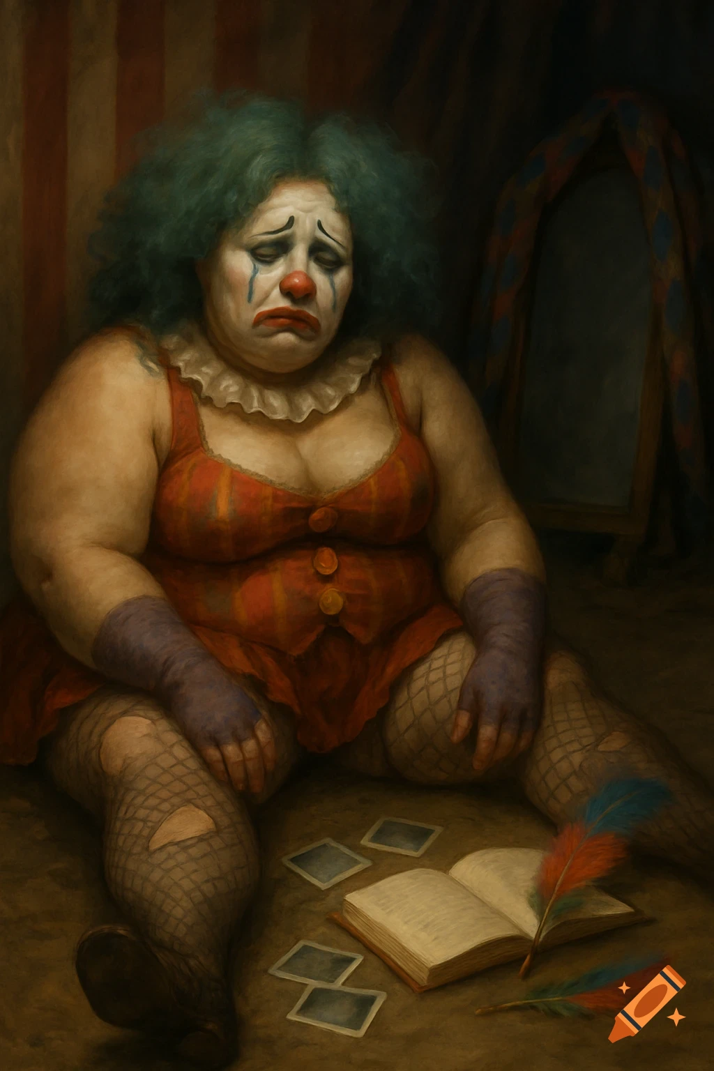 A sad, disheveled plus-size clown woman with blue-green frizzy hair and a red costume sits on the floor of a circus tent next to an open journal, scattered polaroids, and feathers. Tears stream down her painted face.