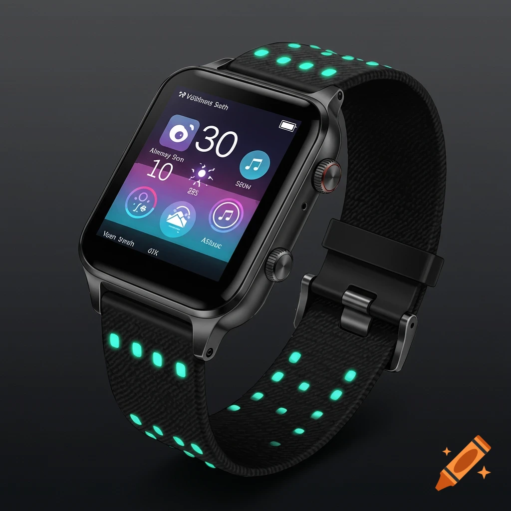 A black smartwatch with a screen displaying app icons and a black strap featuring glowing turquoise dots, against a dark background.