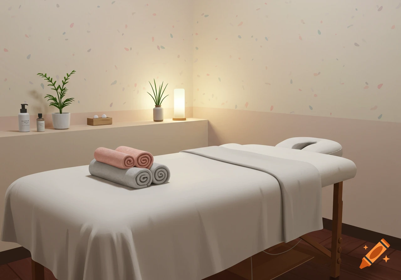 A clean massage room with a white table, two rolled towels, and plants on a shelf.