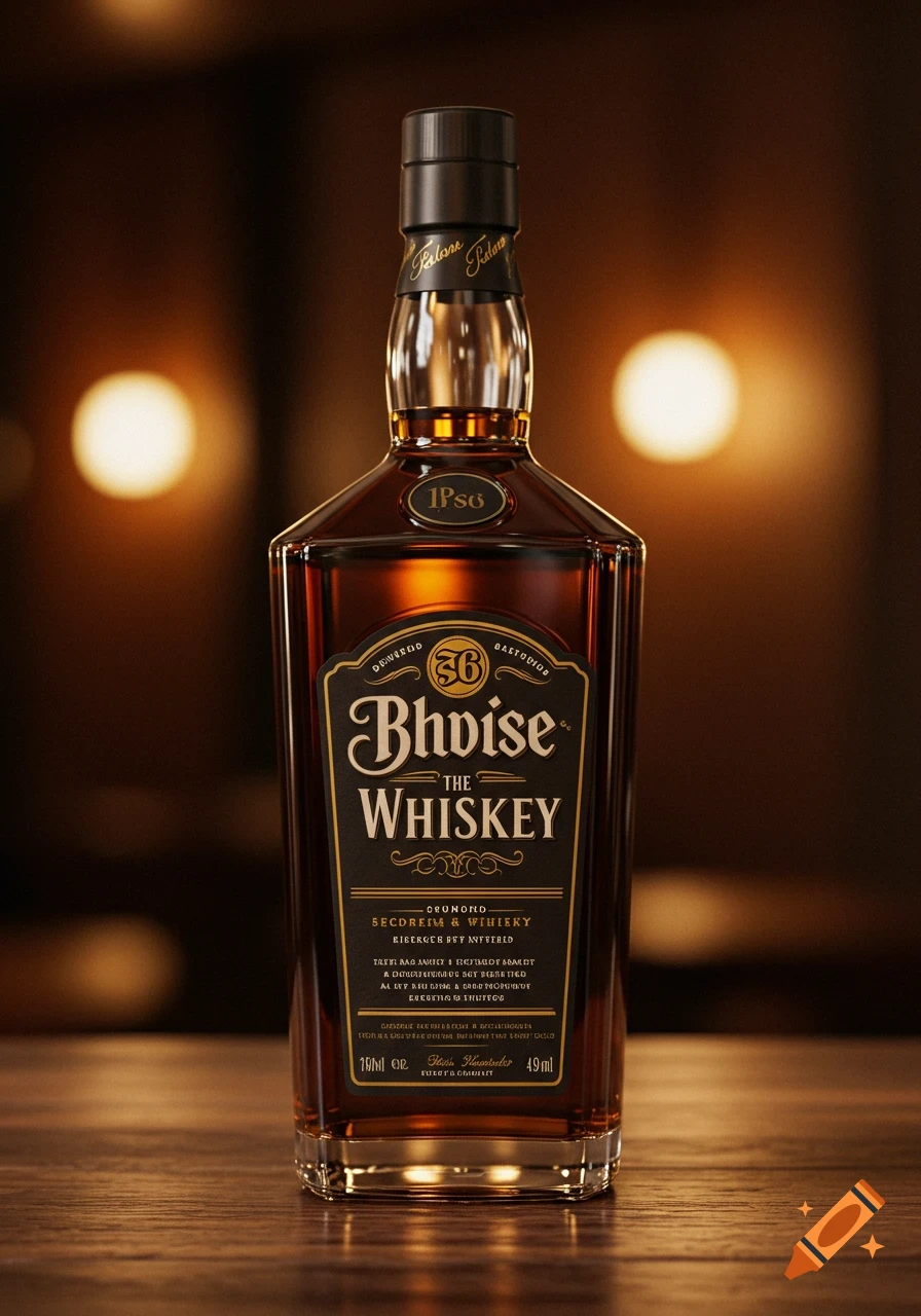 A photorealistic image of a whiskey bottle with a dark label, standing on a wooden surface against a blurry background with warm lights.