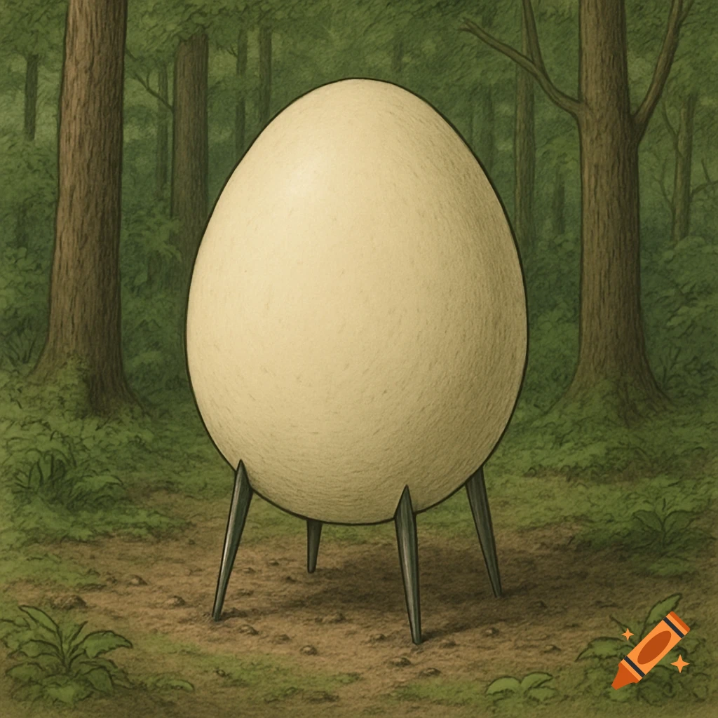 A large, light-colored egg with three metal legs stands in a forest clearing in an illustrative style.