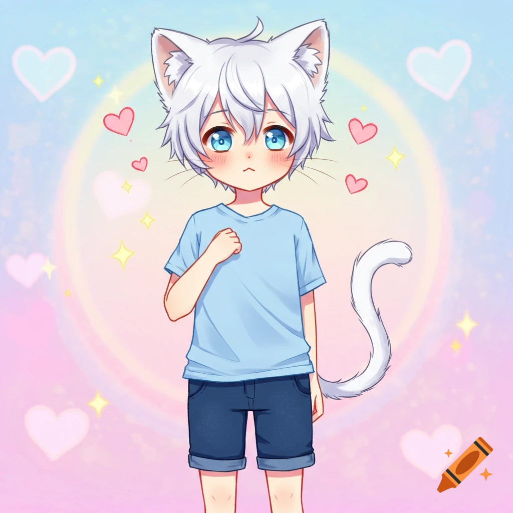 A cute anime catboy with white hair, blue eyes, and cat ears, blushing against a pastel background with hearts and stars.