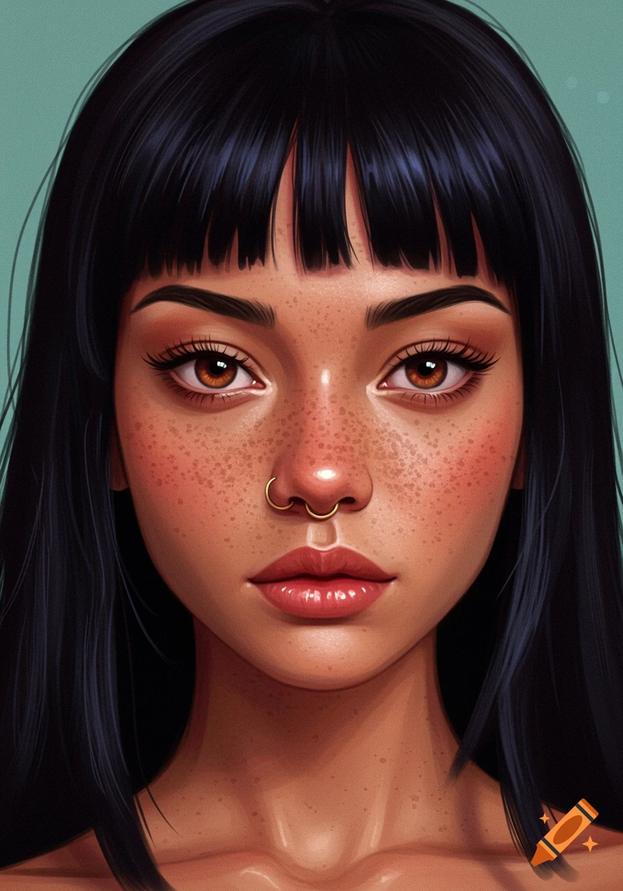 Close-up digital art portrait of a woman with dark hair, bangs, brown eyes, freckles, and a nose ring.