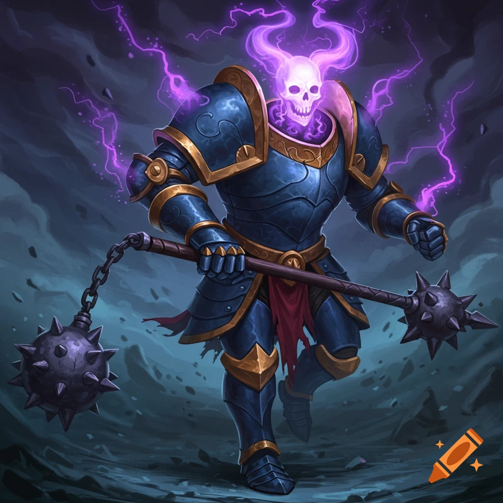 An animated suit of blue and gold armor with a glowing purple skull for a head, wielding a flail, amidst a stormy, dark landscape.