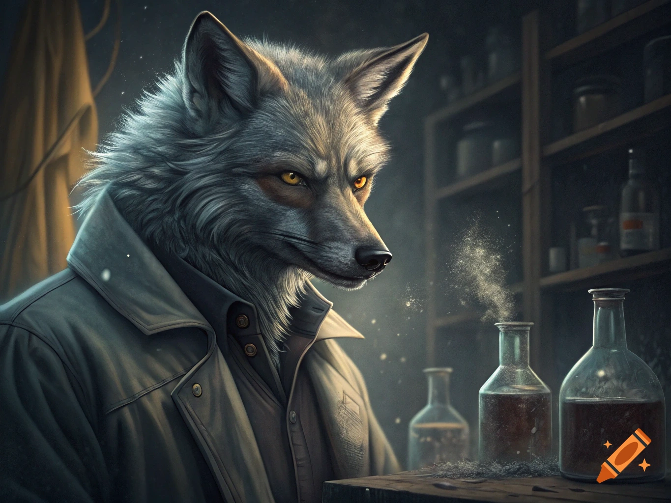 An anthropomorphic wolf in a trench coat with glowing yellow eyes gazes at smoking beakers in a dimly lit laboratory.