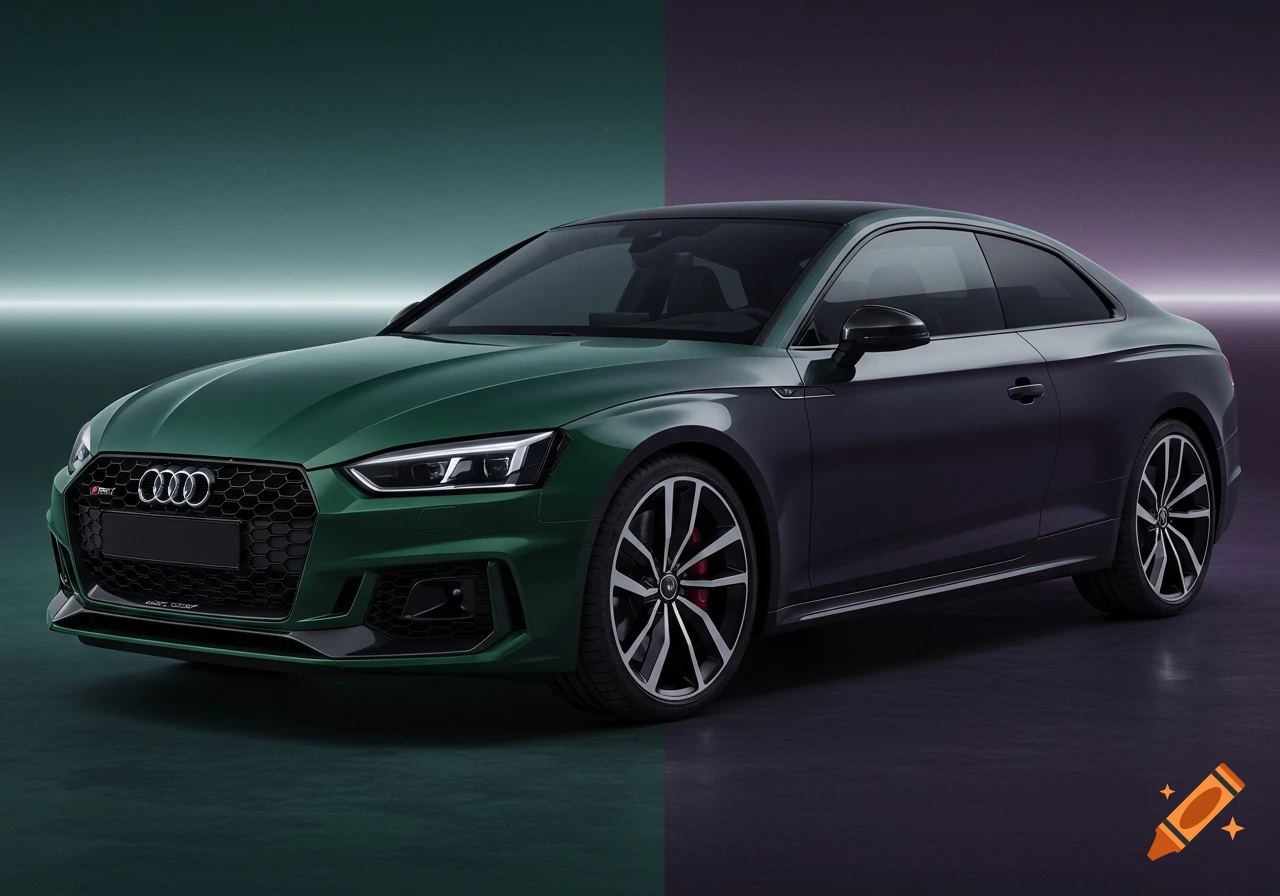 A 2018 Audi RS5 with a split wrap, dark emerald green on the left and midnight purple on the right, against a matching background.