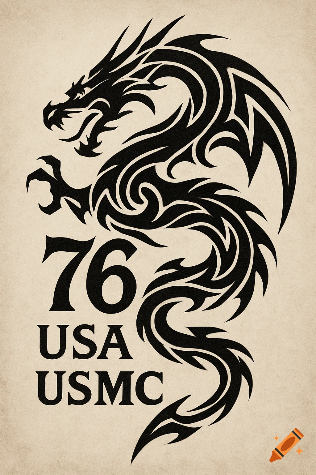 Black tribal dragon design with '76', 'USA', and 'USMC' on a beige background.